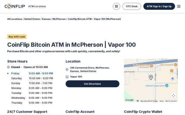 CoinFlip Bitcoin ATM - Vapor 100 (McPherson)