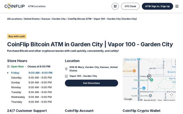 CoinFlip Bitcoin ATM - Vapor 100 - Garden City (Garden City)