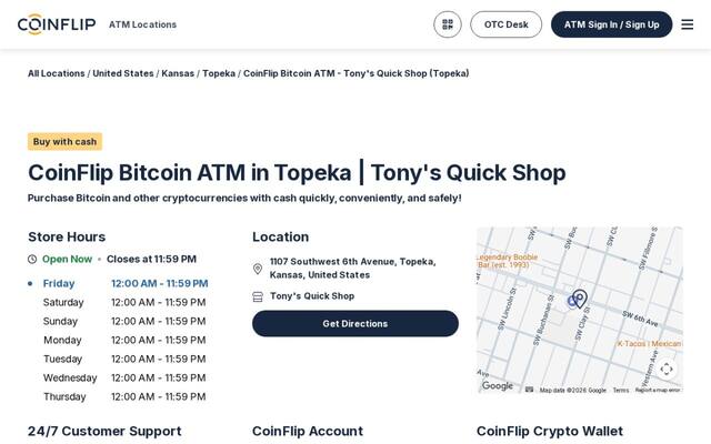 CoinFlip Bitcoin ATM - Tony's Quick Shop (Topeka)