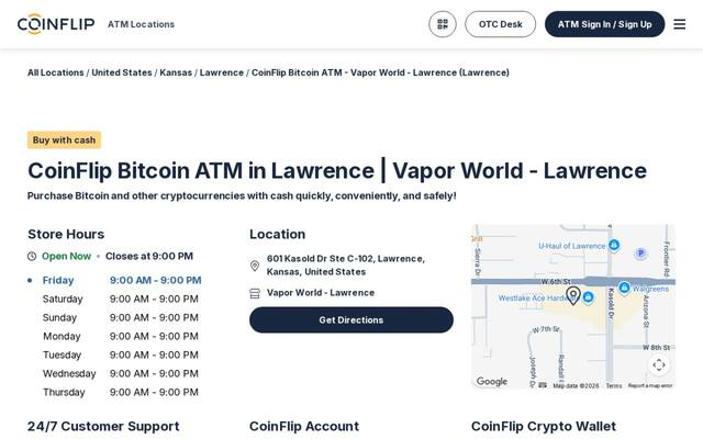CoinFlip Bitcoin ATM - Vapor World - Lawrence (Lawrence)